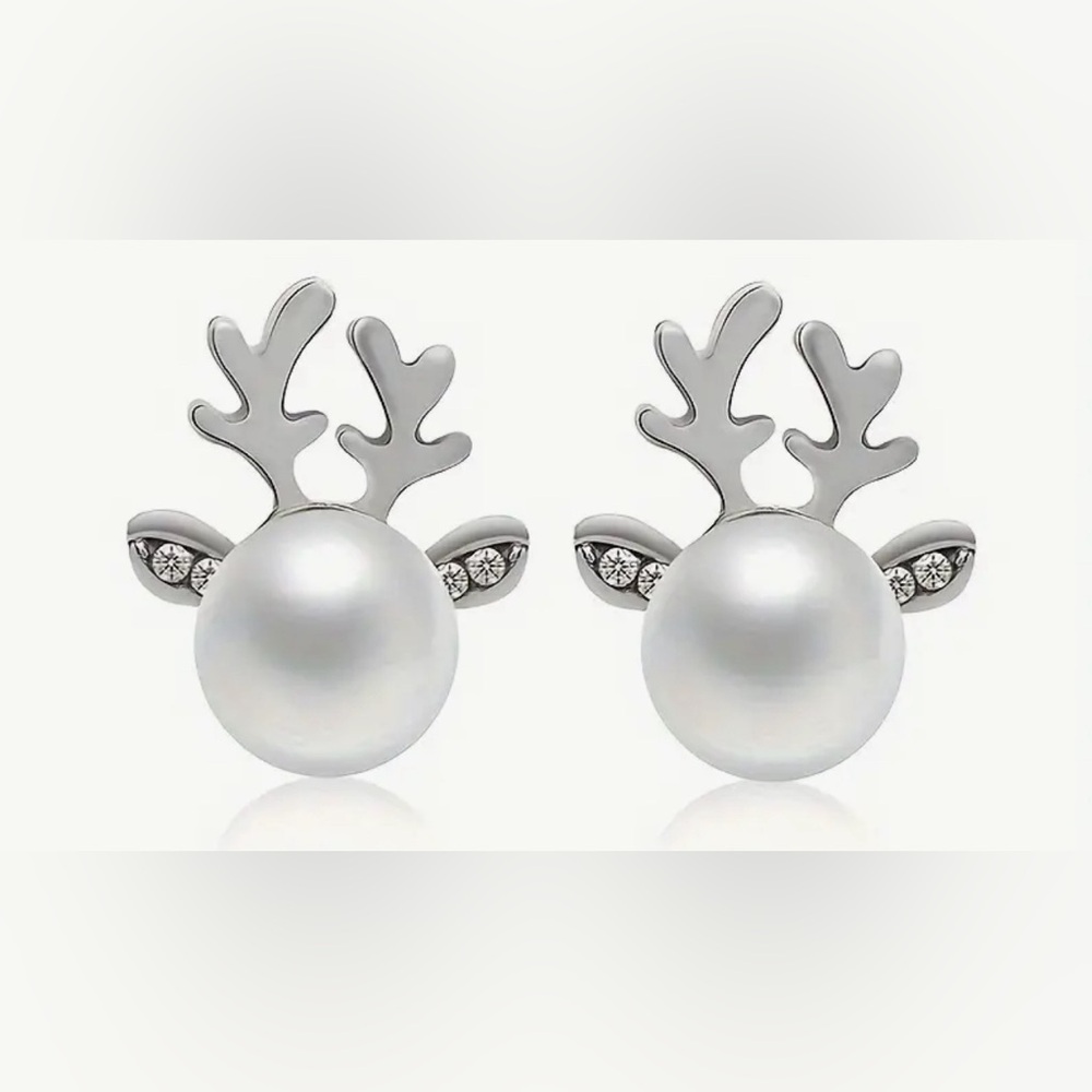 NWT SILVER CHRISTMAS ANTLER STUD EARRINGS WITH FAUX PEARL f